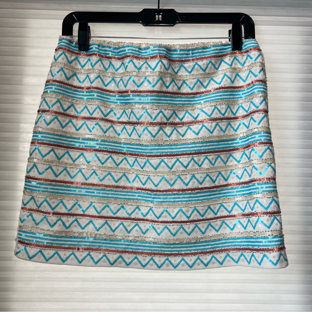 Women’s striped blue/gold/white sequin sparkle mini skirt (M)